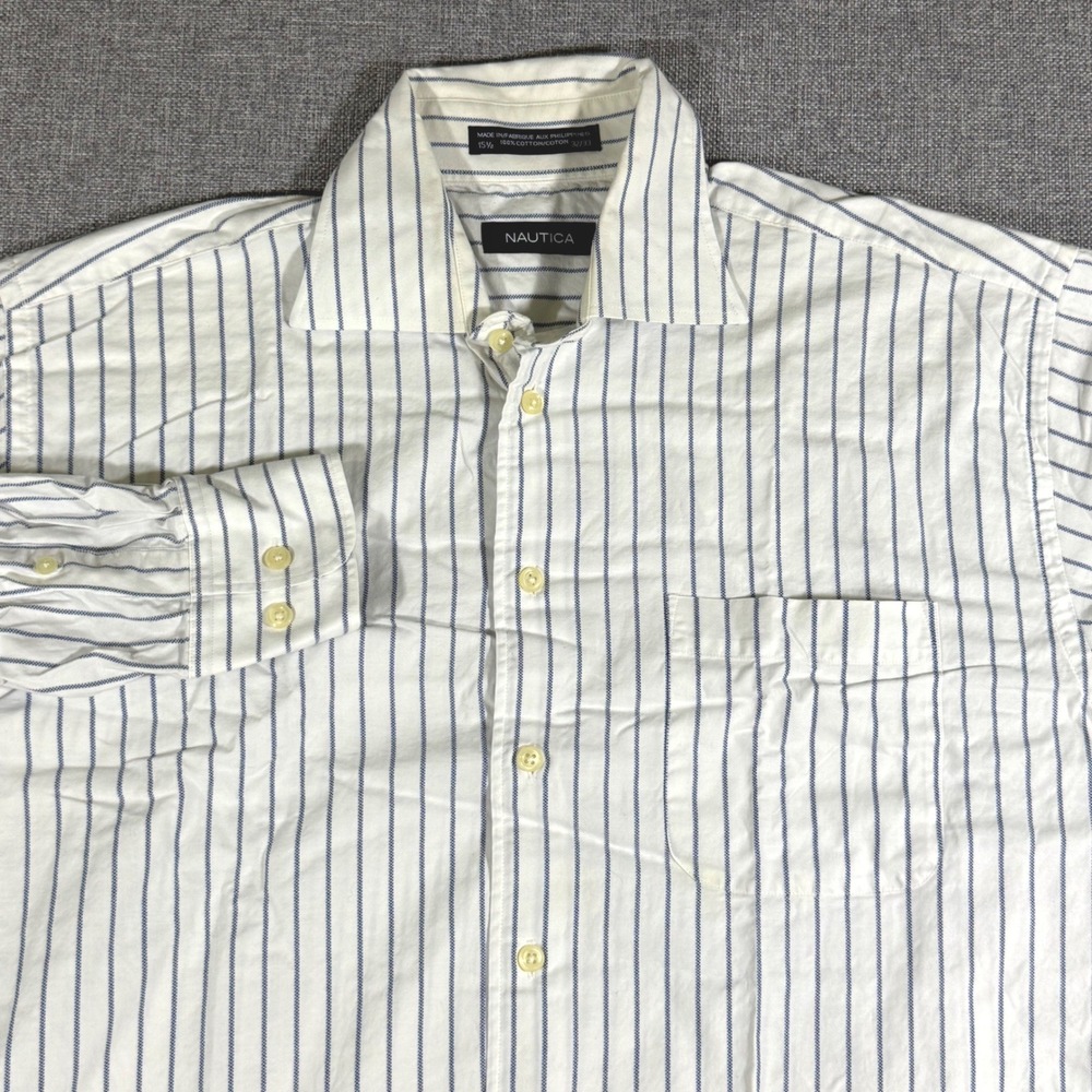 Nautica Button Down Shirt Mens 15.5 32/33White Blue Stripe Cotton Preppy Coastal